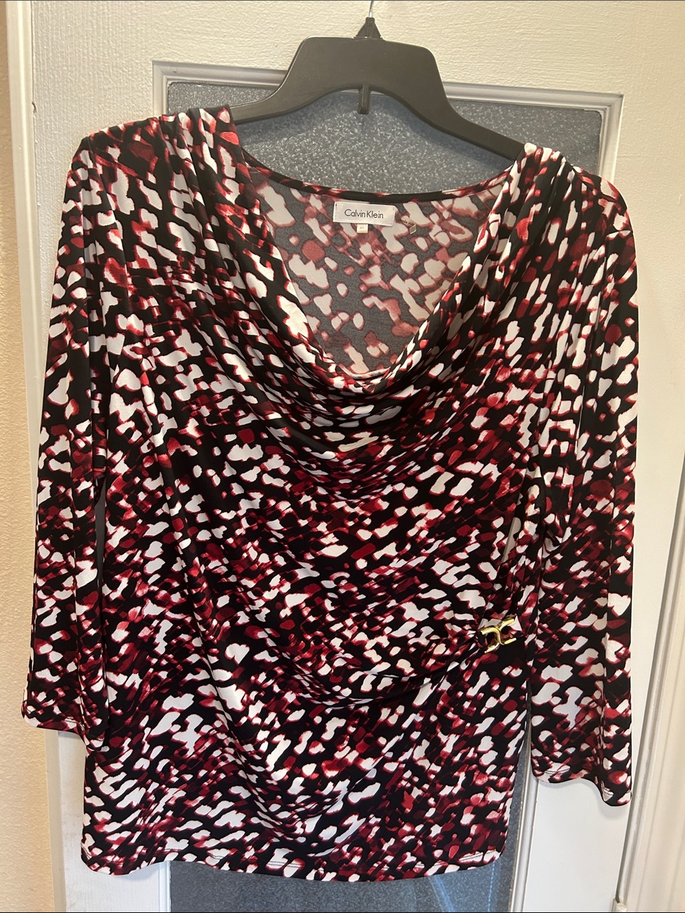 Calvin Klein Black, White and Burgundy Printed Cowl Neck Blouse. XL